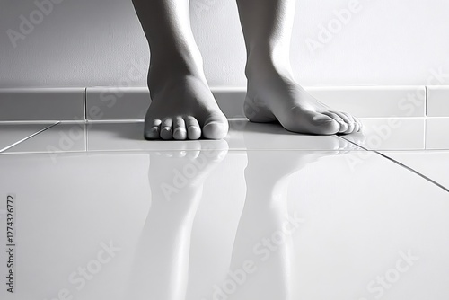 Bare feet standing on a glossy white tiled floor, creating a mirrored reflection. The minimalist setting emphasizes simplicity and tranquility, highlighting the clean, bright surface