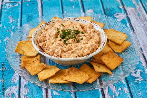 spicy crab dip served with pita crackers