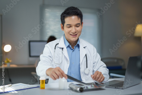 Asian medical doctor working with prescription medications in office