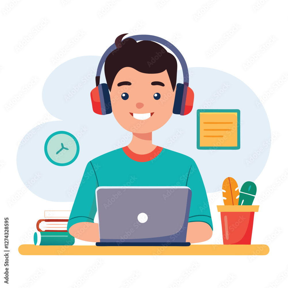man in headphones, studying at laptop. Happy female student watching business webinar. Video conference call, remote work communication. Flat vector illustration isolated on white background man in headphones, studying at laptop. Happy female student watching business webinar. Video conference call, remote work communication. Flat vector illustration isolated on white background
