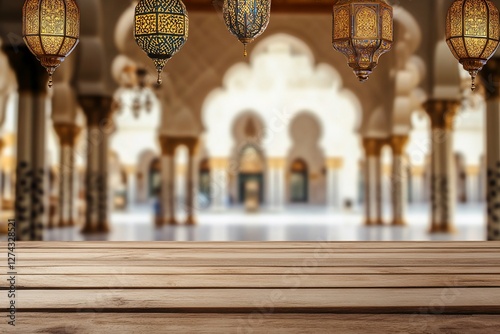 Festive lanterns hang in a mosque over a wooden table, suitable for display photo