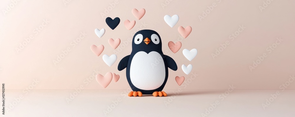 Obraz premium Chubby penguin with heart playful scene cute animal display whimsical background adorable concept