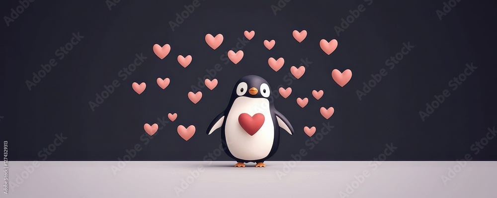 Obraz premium Cute animal heart chubby penguin surrounded by love arctic wonderland digital art playful atmosphere whimsical perspective
