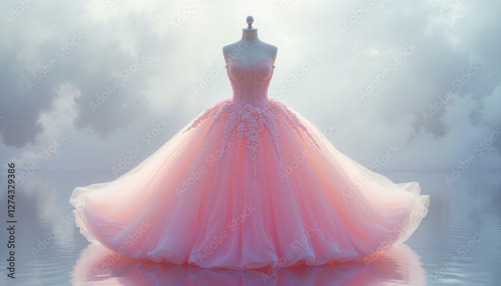 Dreamy pastel pink ballgown floating on a reflective surface with soft misty background