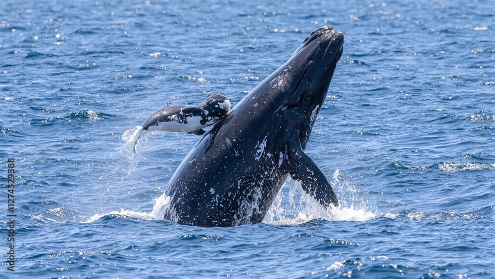 Fototapeta premium Humpback whale calf mimicking mothers breach waves splashing