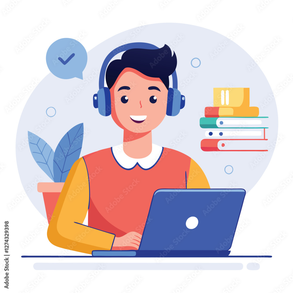 man in headphones, studying at laptop. Happy female student watching business webinar. Video conference call, remote work communication. Flat vector illustration isolated on white background