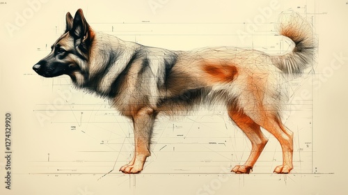 Detailed illustration of a dog showcasing anatomical lines and structure against a neutral background photo