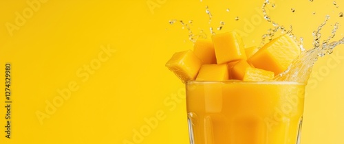 Refreshing mango juice with vibrant mango cubes splashing against a bright yellow backdrop