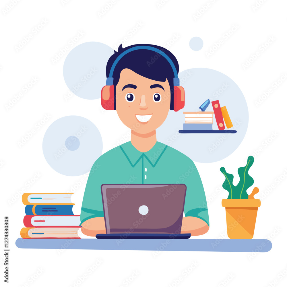 man in headphones, studying at laptop. Happy female student watching business webinar. Video conference call, remote work communication. Flat vector illustration isolated on white background man in headphones, studying at laptop. Happy female student watching business webinar. Video conference call, remote work communication. Flat vector illustration isolated on white background