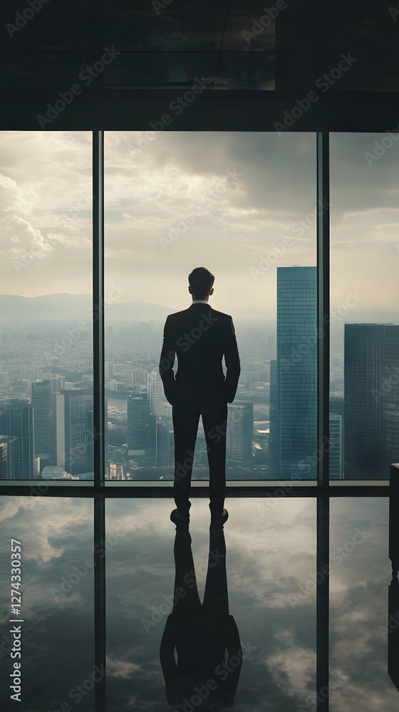 Fototapeta premium A man in a suit standing inside an office with panoramic windows overlooking a cityscape 