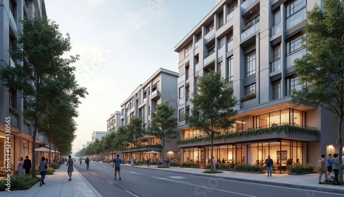 Modern urban development featuring shops, restaurants, pedestrian activity. Cityscape view contemporary architecture, trees, street life, perfect for commercial residential real estate development.