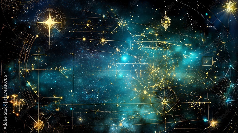 Obraz premium Ethereal Cosmic Background with Glowing Stars and Scientific Charts for Mystical Exploration