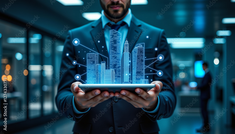 Futuristic digital interface displaying glowing network connections between business buildings in corporate setting