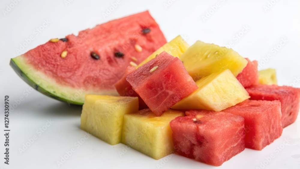 Watermelon and Pineapple Cubes on White Background Watermelon and Pineapple Cubes on White Background