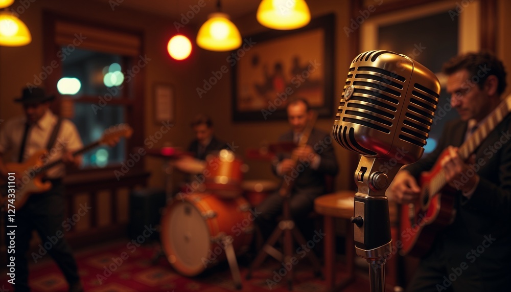 Close-up of vintage microphone on a dimly lit stage in an old jazz club with nostalgic ambiance