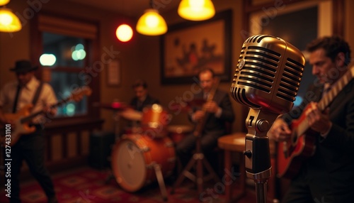 Obraz na płótnie Close-up of vintage microphone on a dimly lit stage in an old jazz club with nostalgic ambiance w salonie