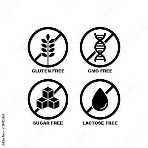 free set1.epsGluten, lactose, sugar, gmo free flat ector icon. Allergy icons set
