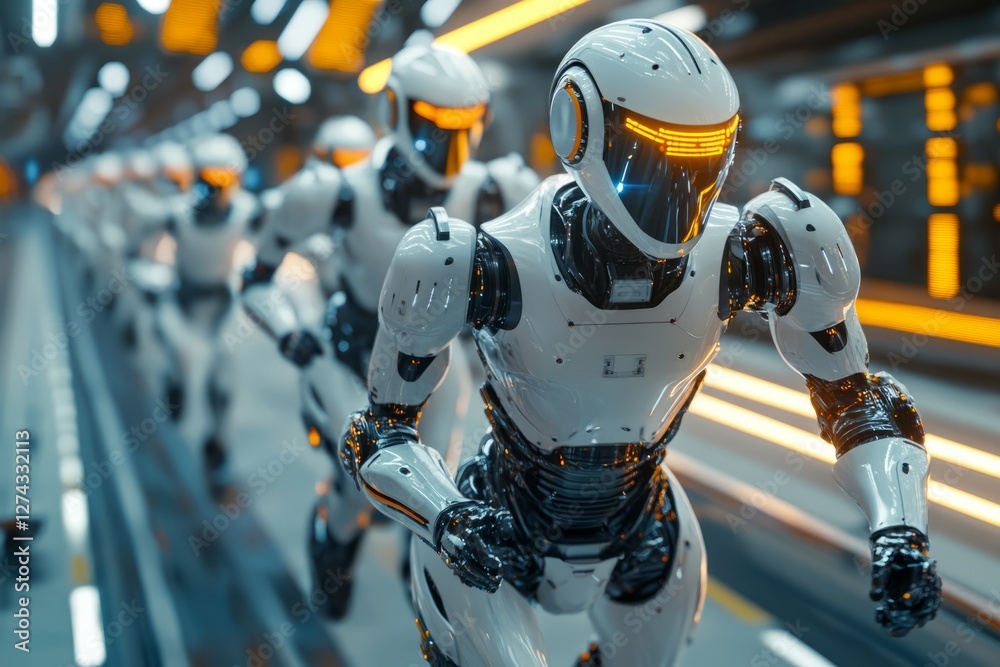 Fototapeta premium Robot walking down a long hallway with illuminated walls and futuristic design elements