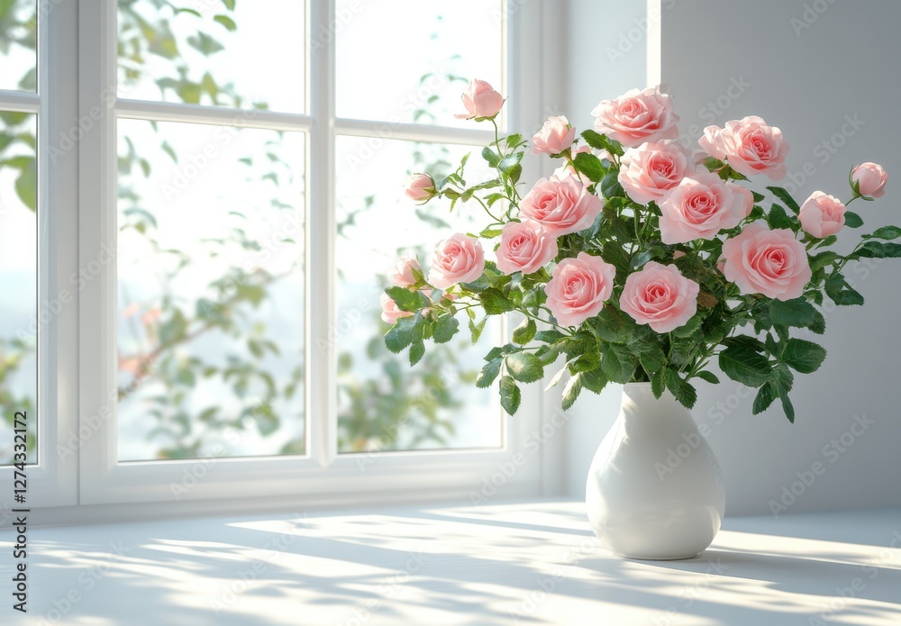 Fresh pink roses in a white vase on a bright windowsill with natural light streaming through the glass, creating a serene and peaceful atmosphere. Fresh pink roses in a white vase on a bright windowsill with natural light streaming through the glass, creating a serene and peaceful atmosphere.