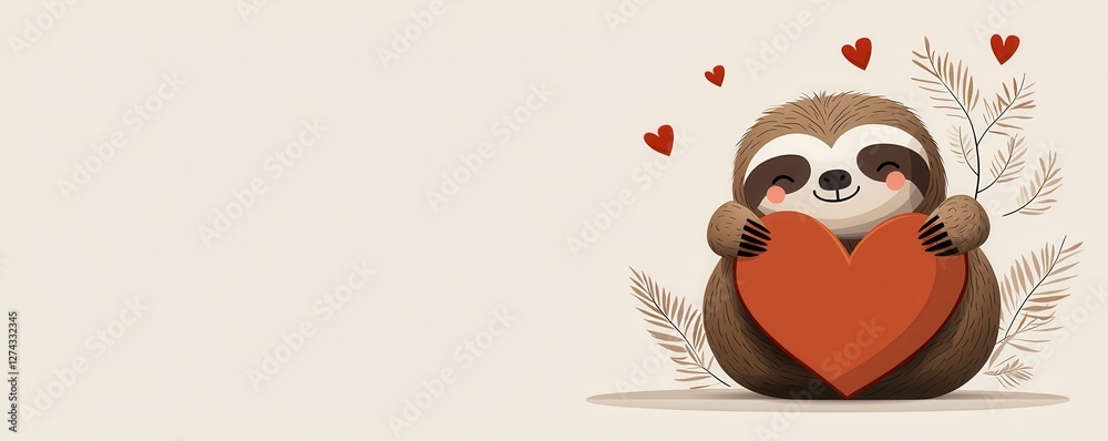 Fototapeta premium Smiling sloth embracing a heart forest cute animal illustration playful environment whimsical viewpoint animal love concept