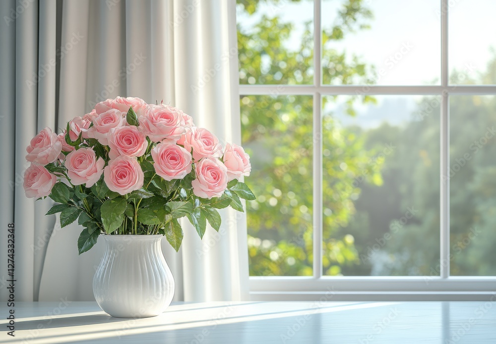 Fresh Pink Roses in White Vase on Table with Soft Natural Light Streaming Through Window and Lush Greenery in Background Fresh Pink Roses in White Vase on Table with Soft Natural Light Streaming Through Window and Lush Greenery in Background