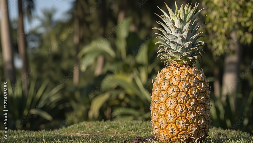 Ripe pineapple with golden exterior in tropical garden Ripe pineapple with golden exterior in tropical garden