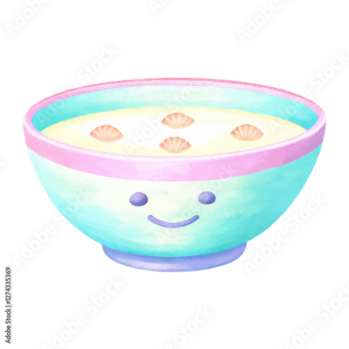 Cute food cliptart, cheerful bowl of clam chowder with smiling face Clipart Photo isolated on transparency background photo