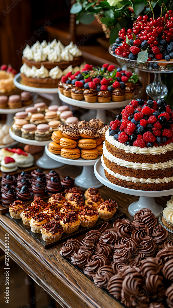 A buffet featuring assorted baked goods, cakes, macarons, and other pastries, beautifully arranged for a dessert or celebration. A buffet featuring assorted baked goods, cakes, macarons, and other pastries, beautifully arranged for a dessert or celebration.