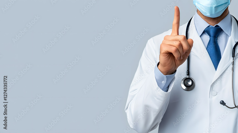 Closeup doctor man wearing medical coat pointing with hand and finger up Closeup doctor man wearing medical coat pointing with hand and finger up