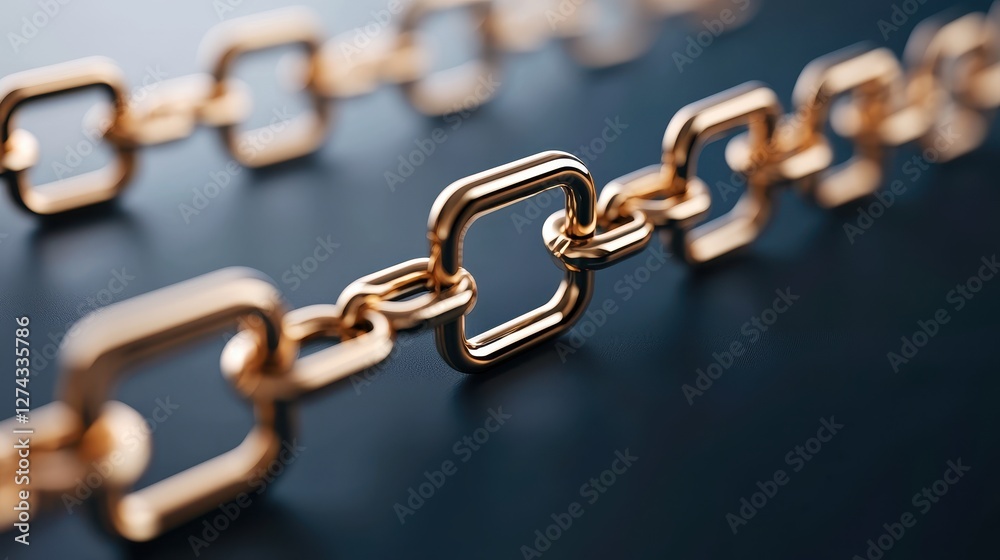 Fototapeta premium A close-up image of a metallic chain with square links, showcasing its smooth texture and shiny surface against a dark background.