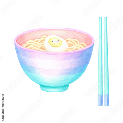 Cute food cliptart, colorful bowl of ramen with egg and chopsticks Clipart Photo isolated on transparency background photo