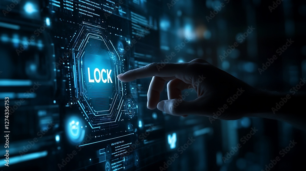 Fototapeta premium digital touch screen and touch button. lock button touch screen. hologram technology lock button touch hand