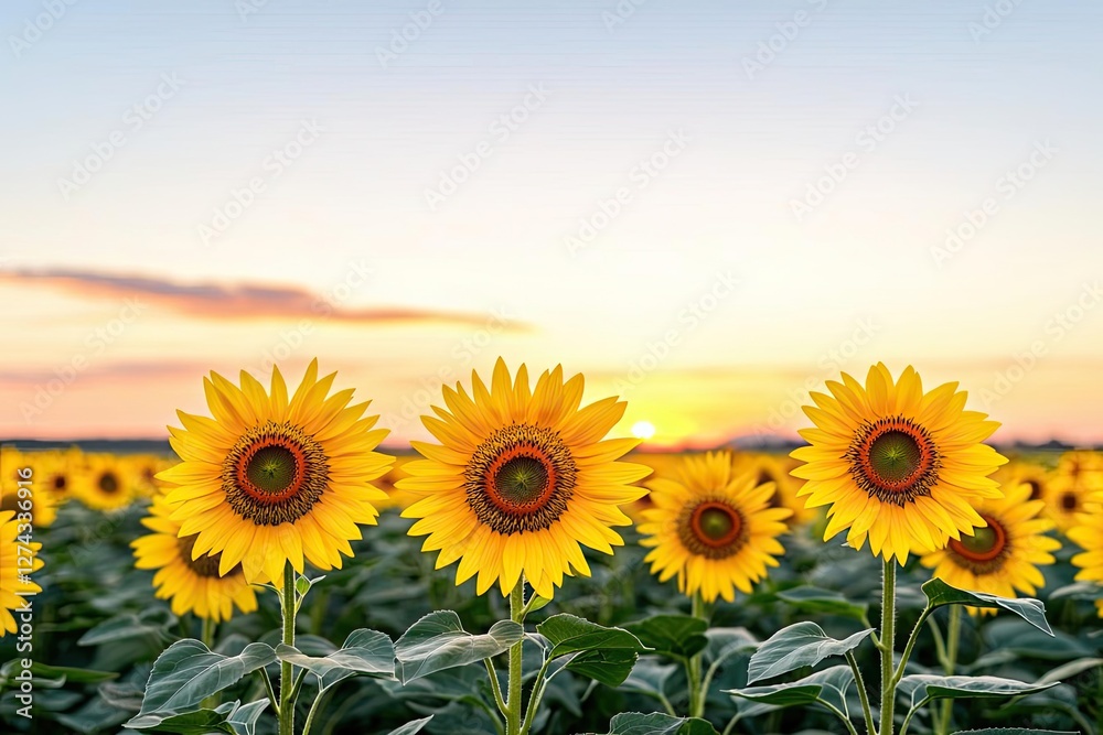 Fototapeta premium Stunning sunflowers basking in golden sunlight at sunset, creating a vibrant and cheerful atmosphere in a natural setting.
