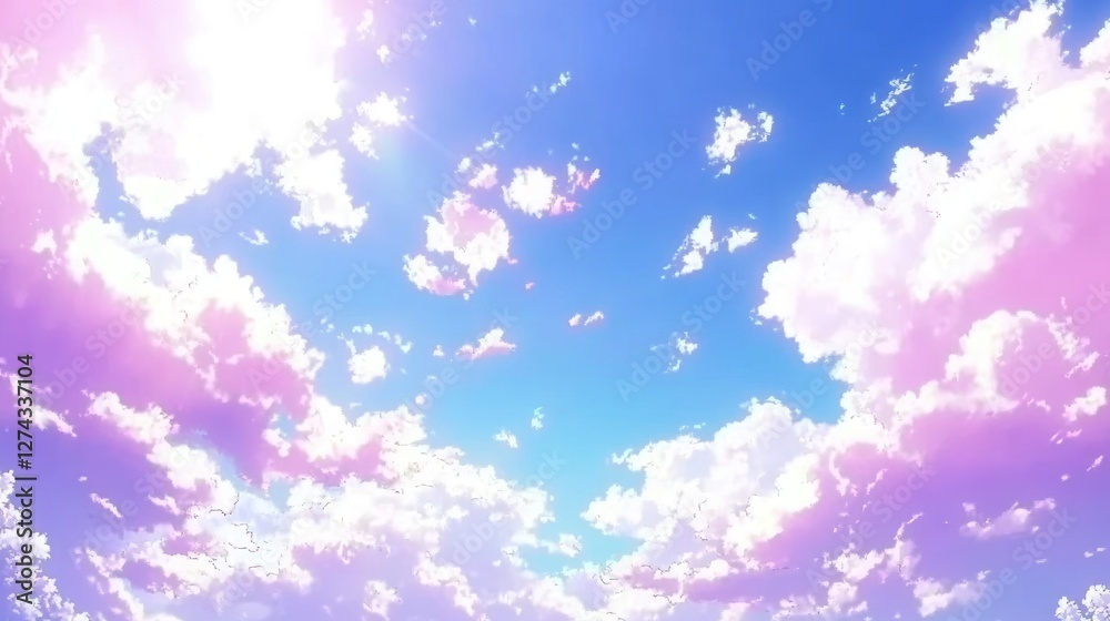 Pastel pink and purple clouds in a bright blue sky with sunbeams. Pastel pink and purple clouds in a bright blue sky with sunbeams.