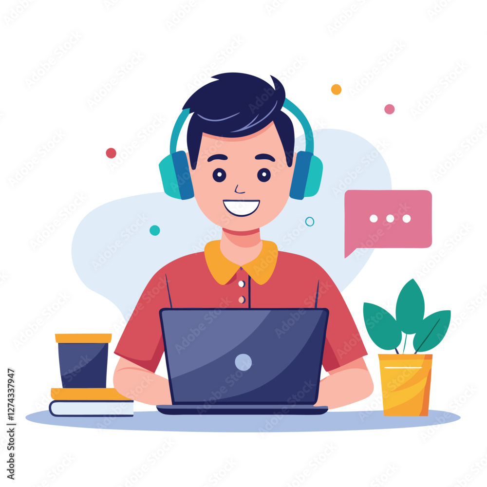 man in headphones, studying at laptop. Happy female student watching business webinar. Video conference call, remote work communication. Flat vector illustration isolated on white background man in headphones, studying at laptop. Happy female student watching business webinar. Video conference call, remote work communication. Flat vector illustration isolated on white background