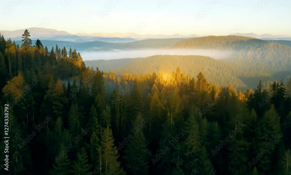 Aerial View of Pine Forest in Mountains at Sunrise Landscape Aerial View of Pine Forest in Mountains at Sunrise Landscape
