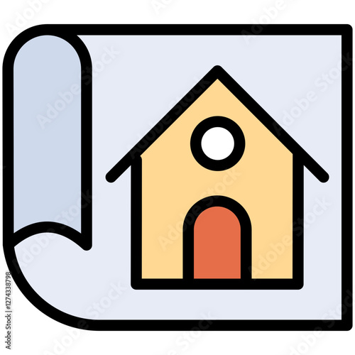 Colorful Flat Outlined House Blueprint Icon