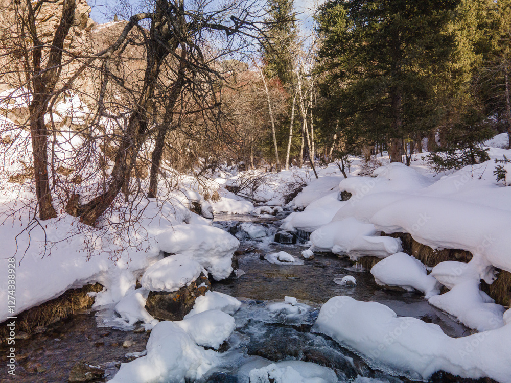 Mountain stream in the mountains among snow and ice. Beautiful winter landscape not far from Almaty, Kazakhstan. Mountain stream in the mountains among snow and ice. Beautiful winter landscape not far from Almaty, Kazakhstan.