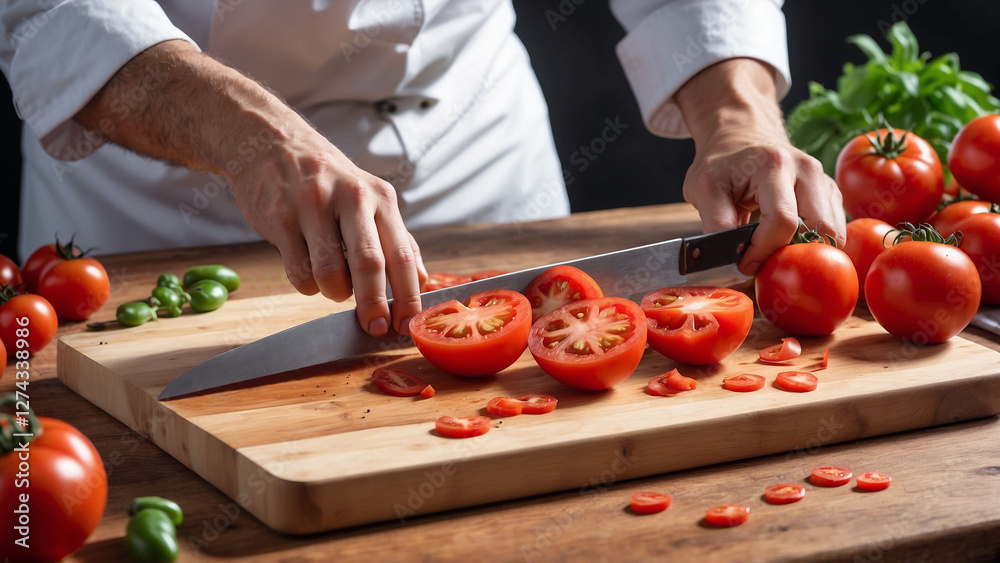 Chef slicing fresh red tomatoes on a wooden cutting board, vibrant colors, natural lighting, healthy cooking concept, close-up Chef slicing fresh red tomatoes on a wooden cutting board, vibrant colors, natural lighting, healthy cooking concept, close-up