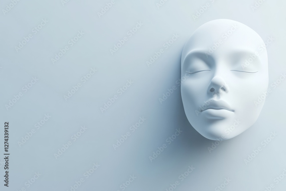 White mask displayed on a wall in a minimalist interior design setting White mask displayed on a wall in a minimalist interior design setting
