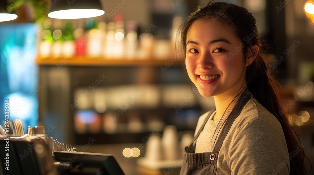 Barista at a coffee shop serving customers with a smile, showcasing café atmosphere and professional service in a vibrant urban setting. Barista at a coffee shop serving customers with a smile, showcasing café atmosphere and professional service in a vibrant urban setting.