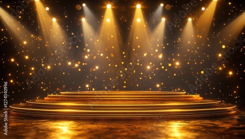 Glimmering Stage with Golden Spotlights and Sparkling Background for Performances or Awards Celebrations in a Vibrant Atmosphere photo