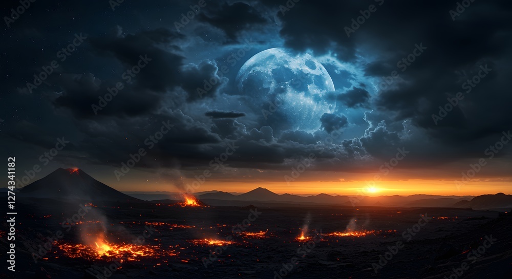 Obraz premium Moonlit Volcanic Landscape with Lava Fields and Smoke Under Dark Skies