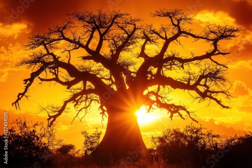 ancient african giant baobab tree at sunset, silhouetted against dramatic orange sky, with weathered branches reaching skyward