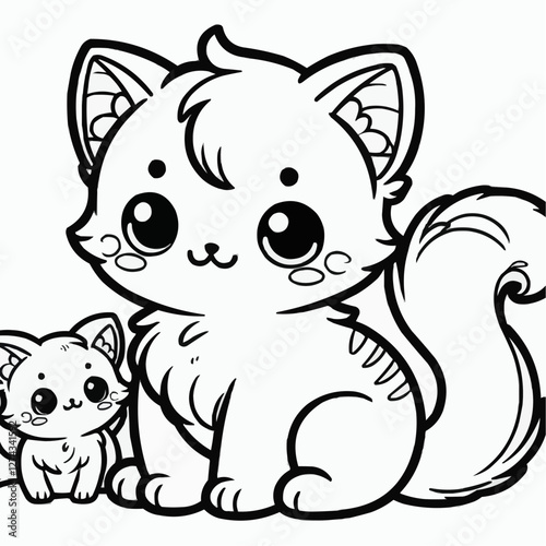 Adorable line art illustration of a fluffy cat with a kitten, both with playful expressions