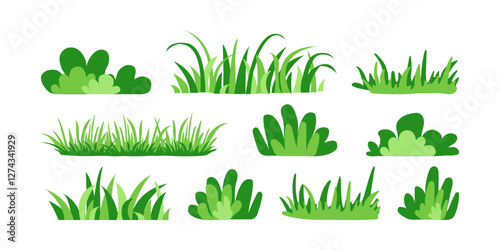 Green bush grass, forest tree and plant, cartoon garden icon. Park, leaf, lawn. Meadow and landscape, abstract field, cute foliage set isolated on white background. Nature simple vector illustration