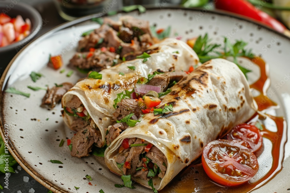 Flavorful shawarma wrap with fresh garnish . Neural network AI generated Flavorful shawarma wrap with fresh garnish . Neural network AI generated