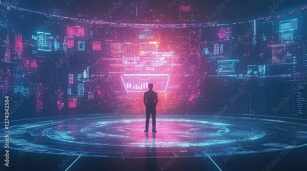 A man stands in front of a large screen with a glowing red circle in the center A man stands in front of a large screen with a glowing red circle in the center