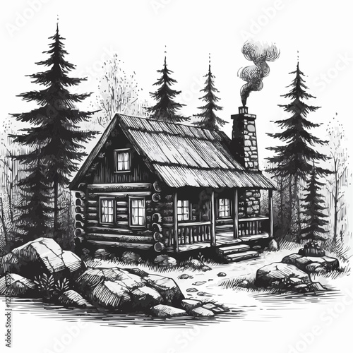 Rustic log cabin in the woods, serene mood, hand-drawn vector illustration, surrounded by trees and rocks
