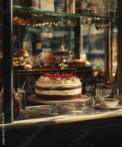 
give me a hyper realist stock photo of a cake on a plate in the window of a bakery photo